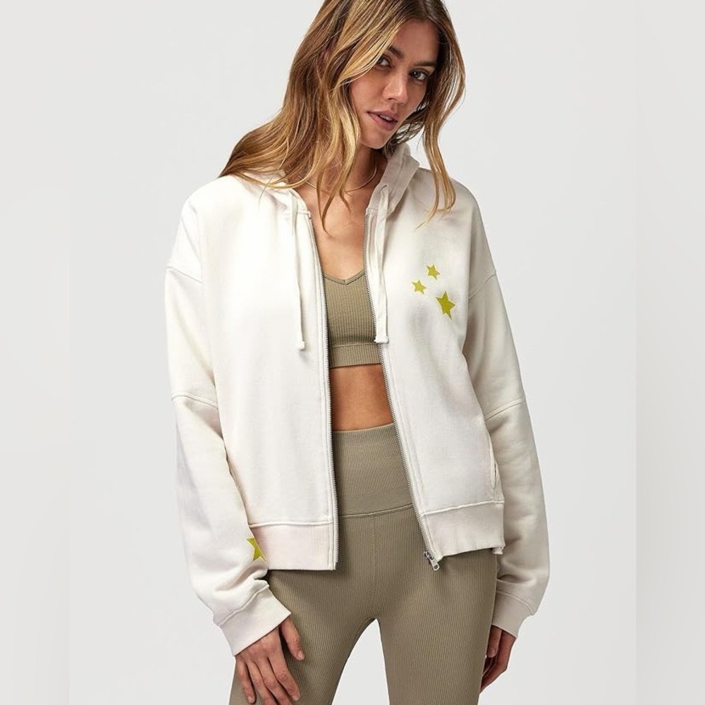 Spiritual Gangster Ivory Zip-Up Hoodie with Yellow Star Details